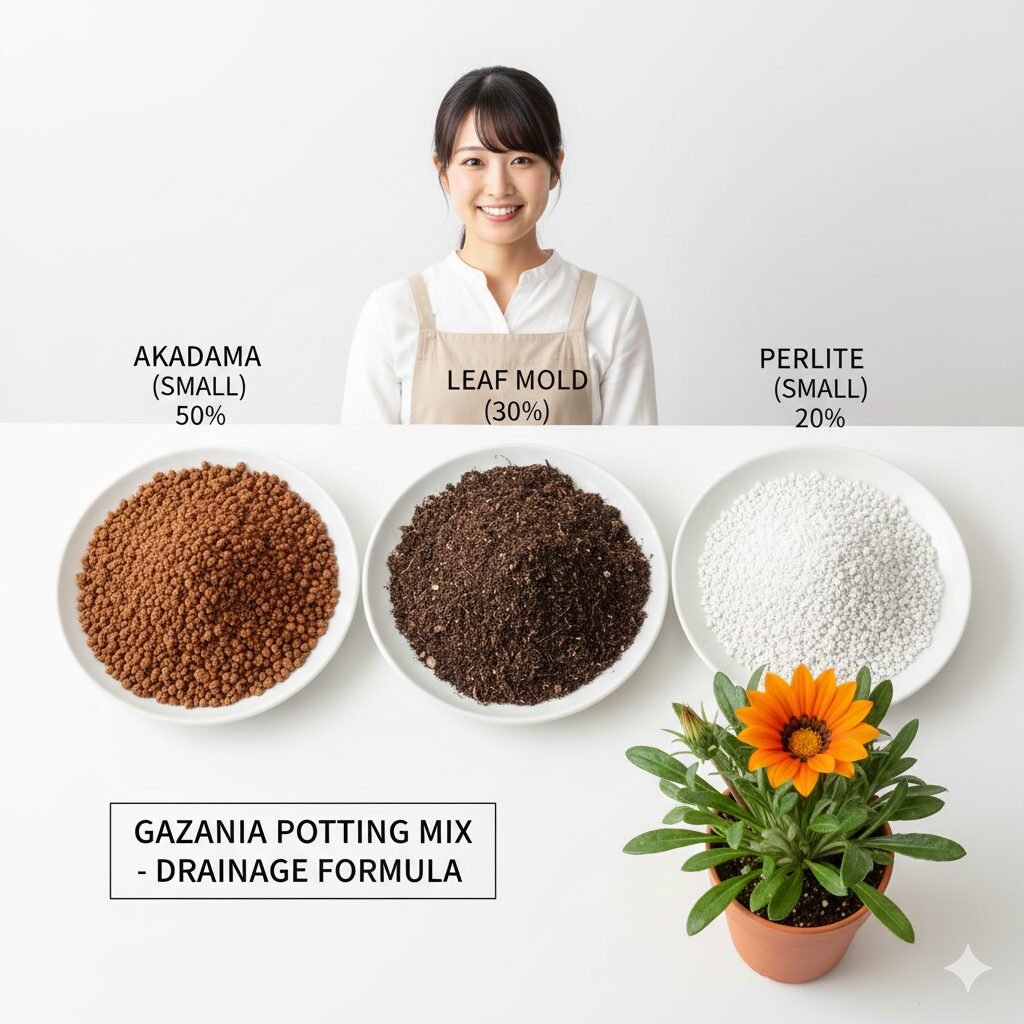 ガザニア 枯れる5　ガザニア栽培に推奨される、赤玉土、腐葉土、パーライトを混ぜた水はけ強化型用土の配合例。