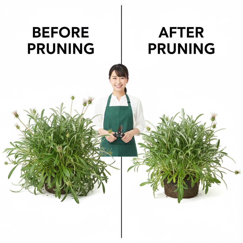 ガザニア 枯れる6　夏の蒸れ対策のための切り戻し剪定のビフォーアフター。株の中心部の通気性が改善された様子。