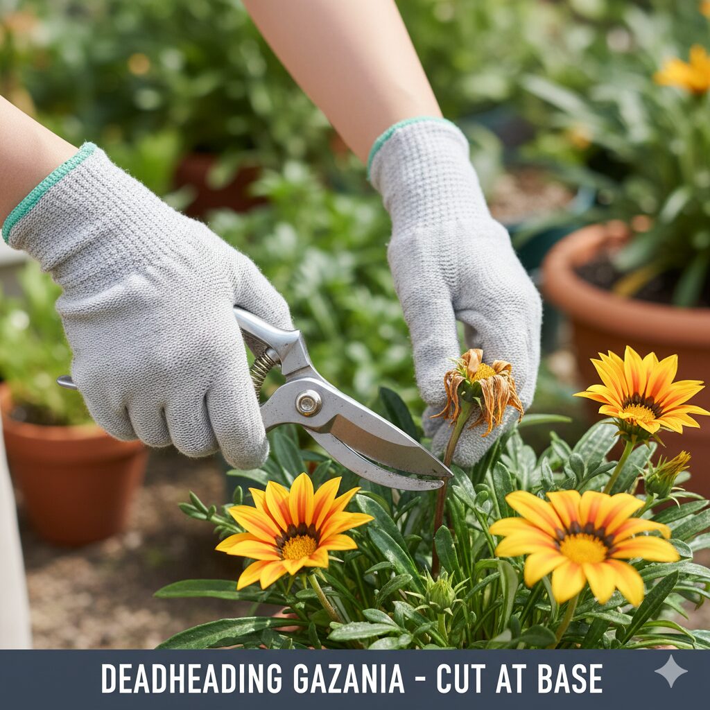 ガザニア 枯れる7　ガザニアの病害予防のため、花がらを花茎の根元から切り取っている正しいデッドヘッドの様子。