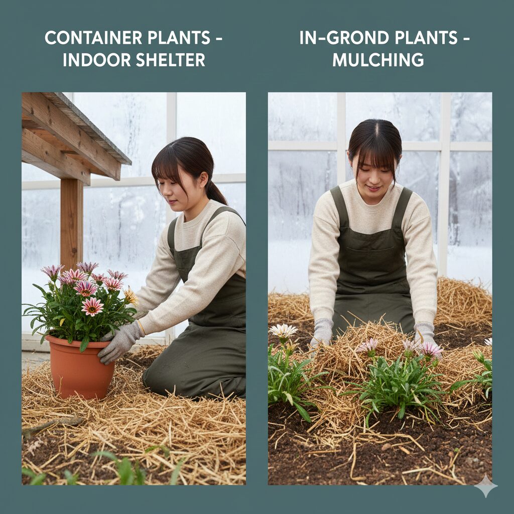 ガザニア 枯れる8　鉢植えの軒下避難と地植え株のマルチング。霜害からガザニアを守る冬越し対策の様子。