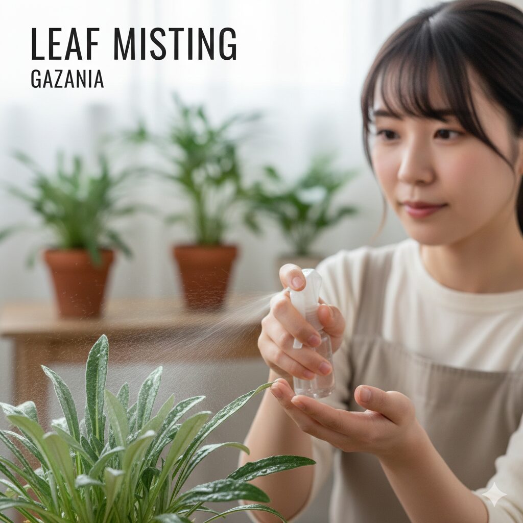 ガザニア 枯れる9　乾燥を防ぎハダニを予防するために、ガザニアの葉裏に霧吹きで葉水を与えている様子。