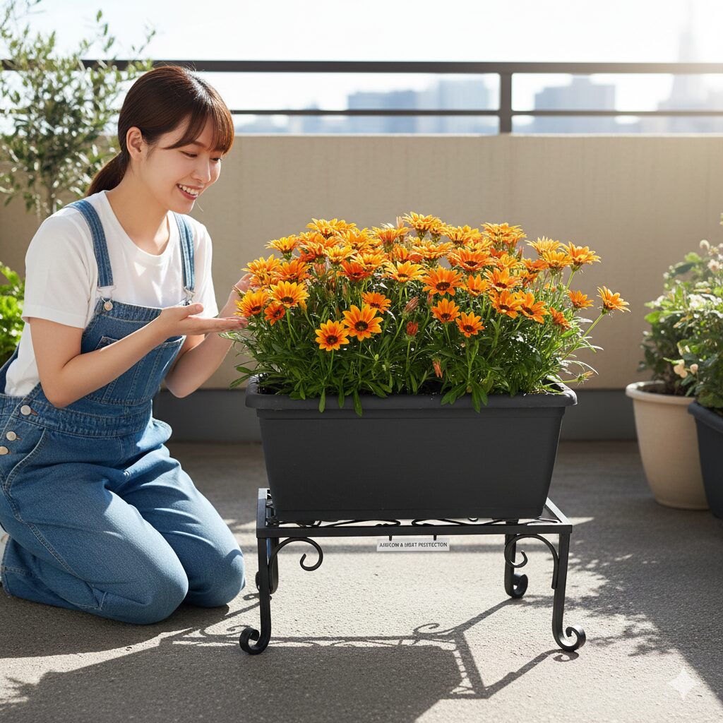 ガザニア 育て方 プランター2　ガザニアの夏越し対策としてフラワースタンドを使用しコンクリートの熱と湿気を防ぐ様子