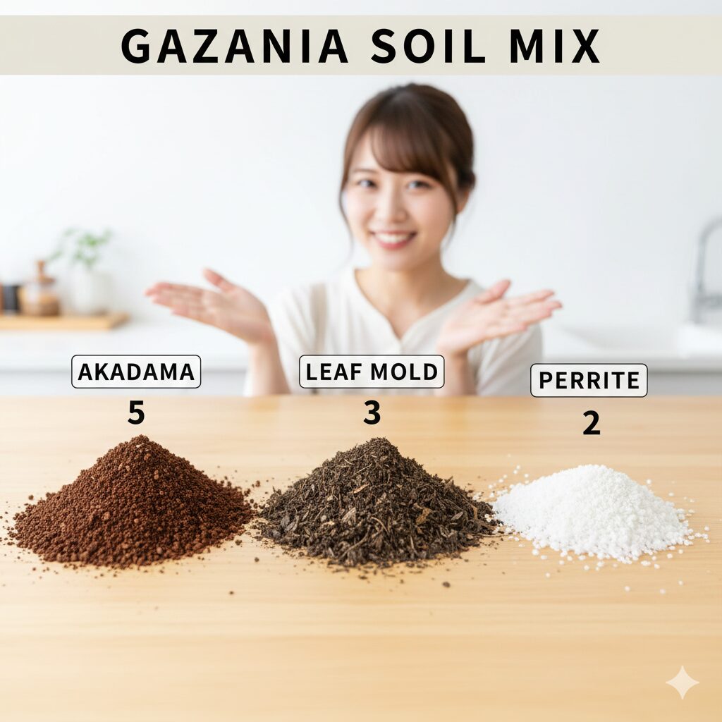 ガザニア 育て方 プランター3　ガザニア栽培に最適な水はけの良い土の配合比率（赤玉土5：腐葉土3：パーライト2）
