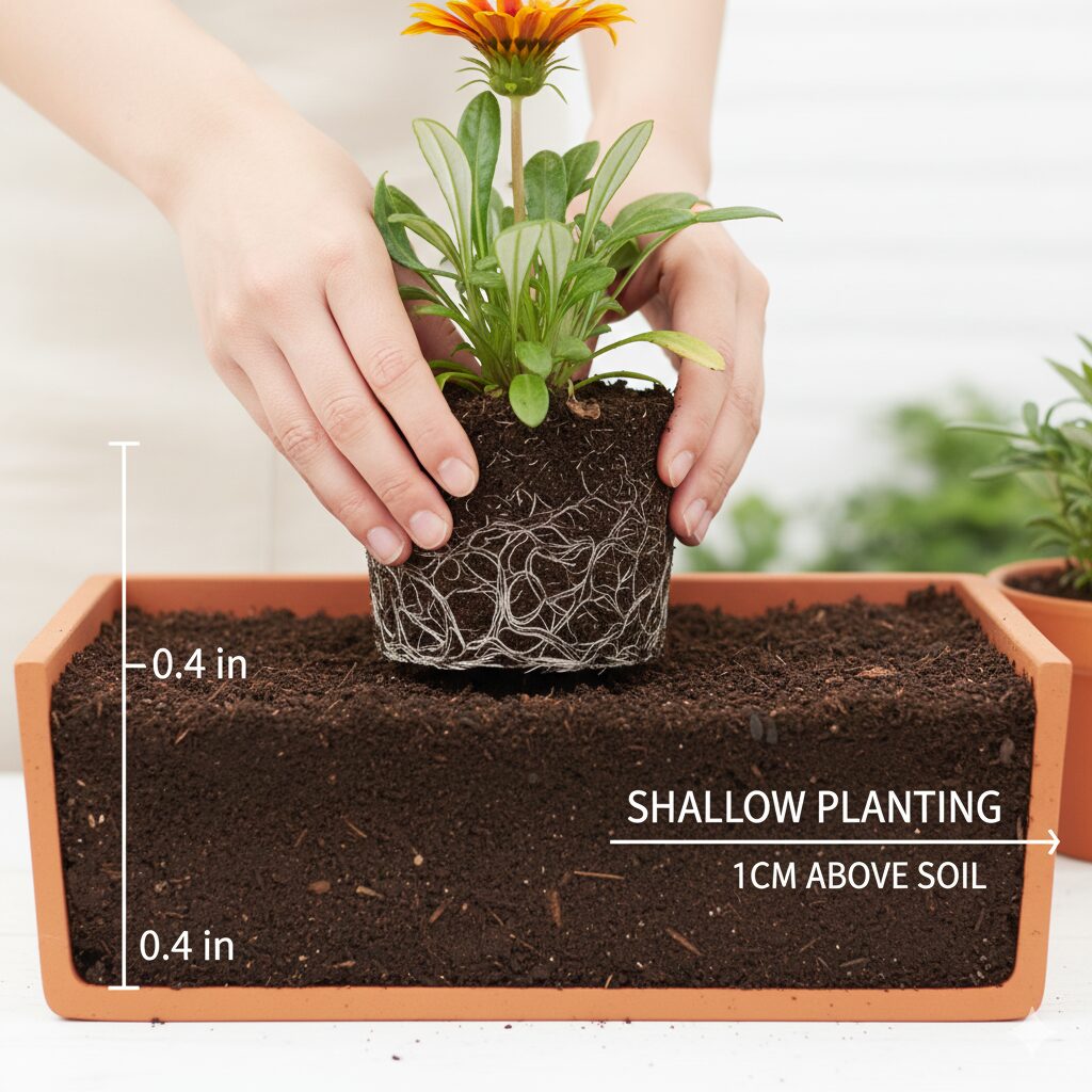 ガザニア 育て方 プランター4　根腐れや軟腐病を防ぐためのガザニアの浅植え（株元を埋めない植え付け方）の図解