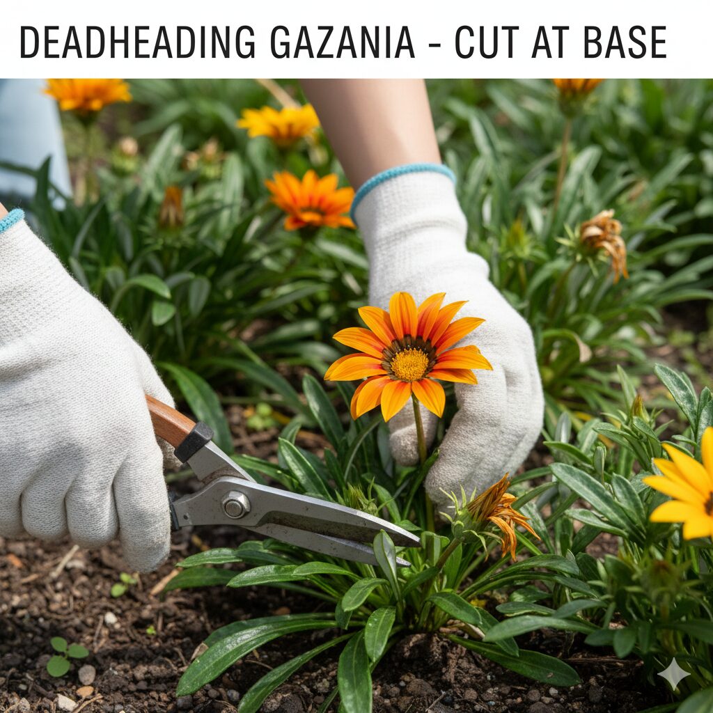 ガザニア 育て方 プランター6　次の花を咲かせるための正しいガザニアの花がら摘み（茎の付け根からカットする様子）