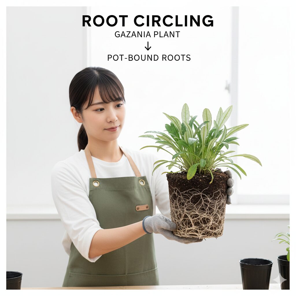 ガザニア 育て方 プランター7　プランター栽培で根詰まりを起こして鉢底で根が回っているガザニアの根鉢の状態