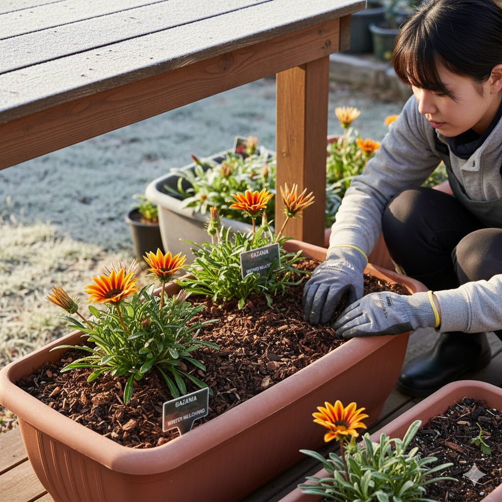 ガザニア 育て方 プランター8　ガザニアの冬越し対策として株元にマルチングを施し霜枯れを防ぐ様子