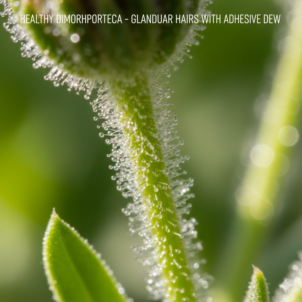 ガザニアに似た花10　　健康なディモルフォセカの茎に見られる細かい腺毛のマクロ写真。生理現象としての自然な粘着液が分泌されている様子。