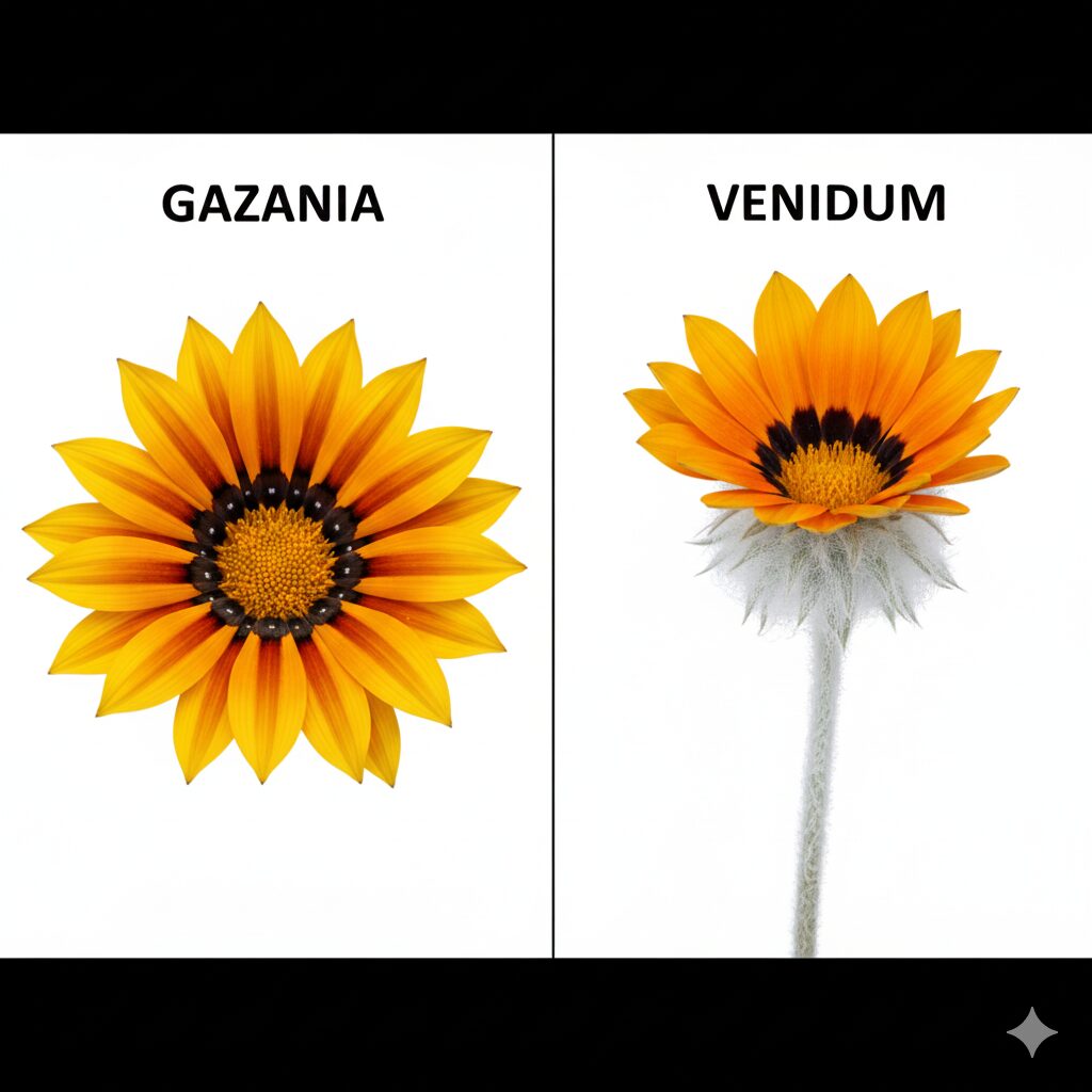 ガザニアに似た花2　中心に黒いリング状の蛇の目模様を持つガザニアの花（左）と、同様の模様を持ち背が高く茎が毛深いベニジウムの花（右）の比較写真。