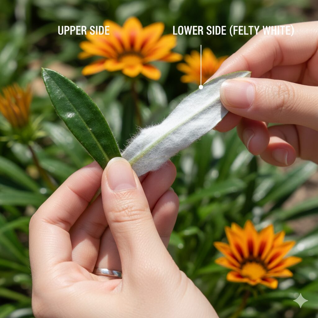 ガザニアに似た花3　ガザニアの葉を裏返した様子。表面は濃い緑色だが、裏面は真っ白な綿毛で覆われている決定的な見分け方の証拠写真。