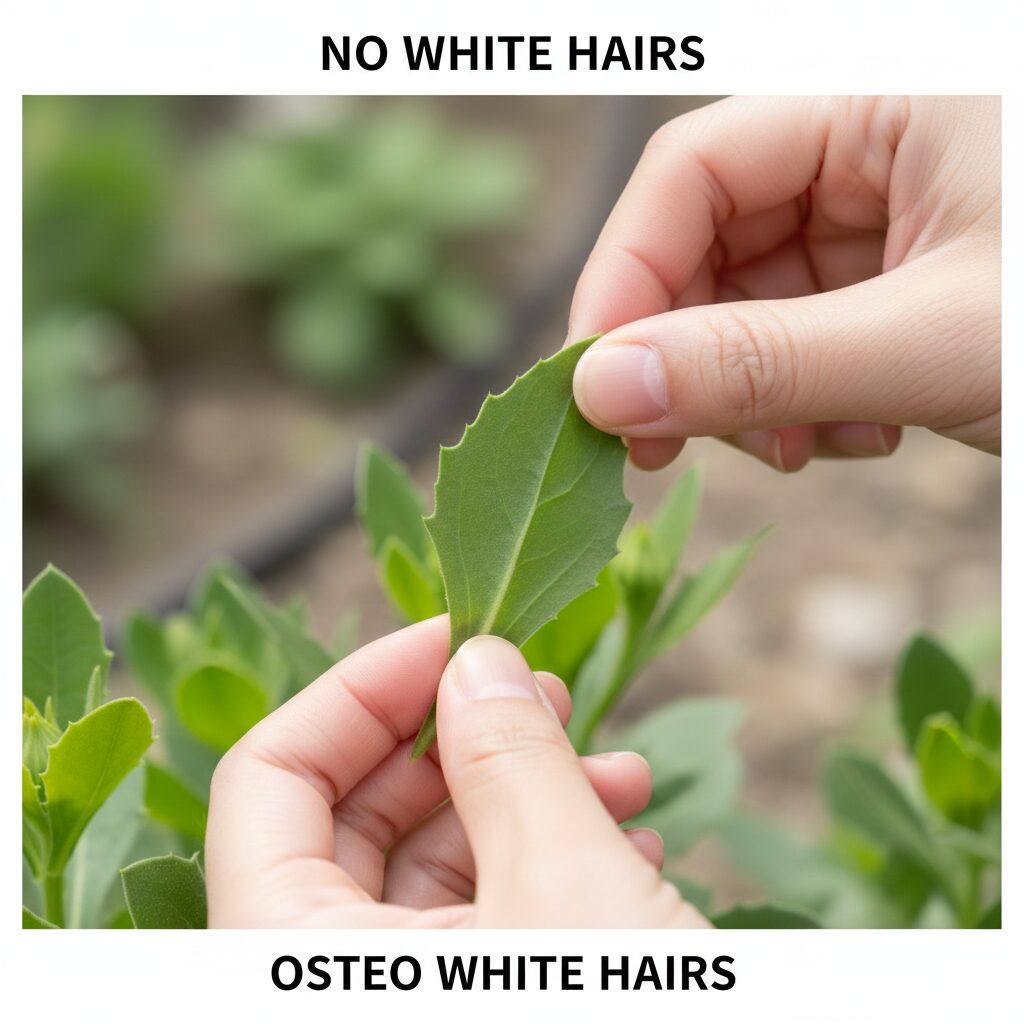 ガザニアに似た花4　オステオスペルマムの葉を裏返した様子。裏面は緑色で、ガザニアのような白い綿毛の特徴が見られないことを示す写真。