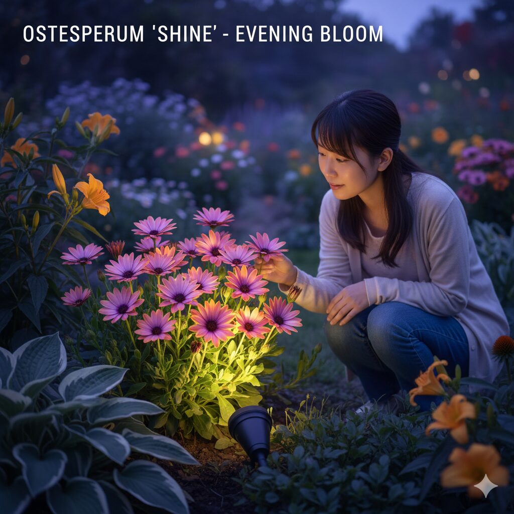 ガザニアに似た花5　夕暮れ時でも花が閉じずに咲き続ける改良品種のオステオスペルマムの様子。夜間も楽しめるガザニアに似た花の選択肢。