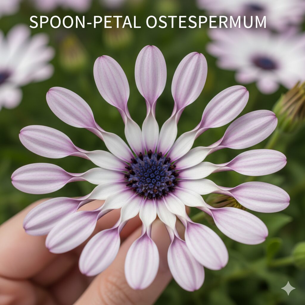 ガザニアに似た花6　オステオスペルマム特有の「スプーン咲き」の花びらのクローズアップ。先端がスプーン状になったユニークな形状を示す写真。