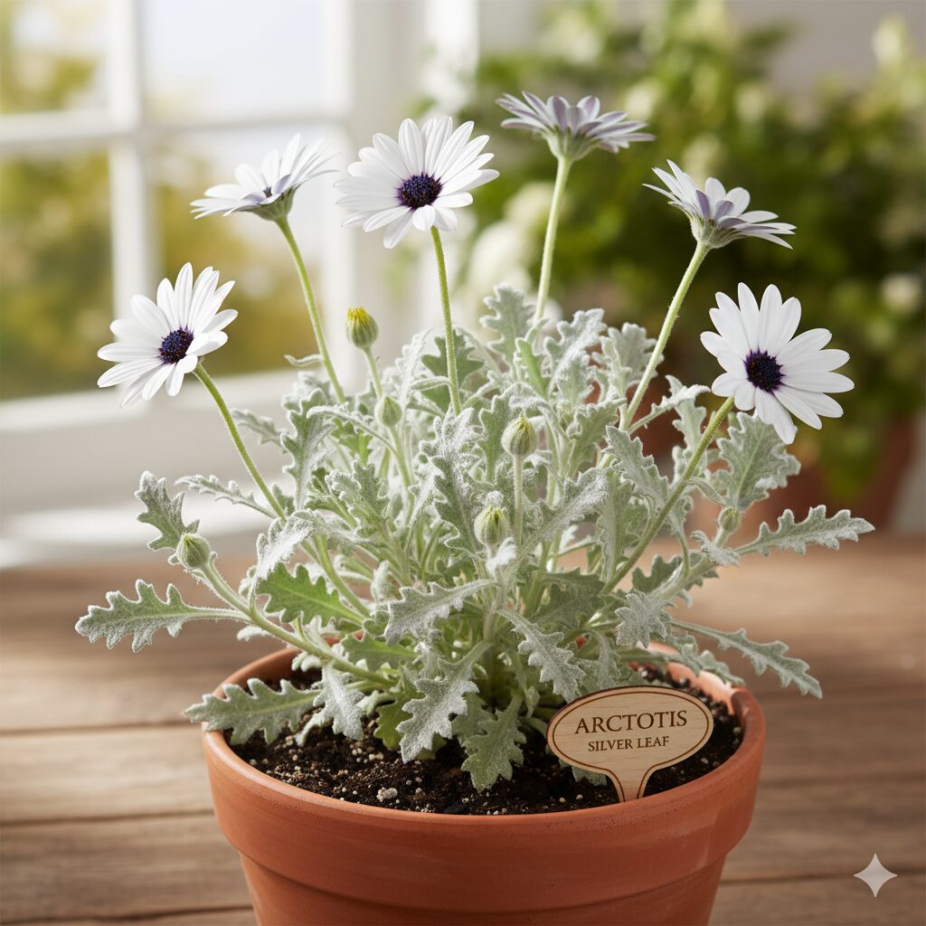 ガザニアに似た花7　全体が白い軟毛で覆われ銀白色に見えるシルバーリーフが特徴的なアークトチス（ハゴロモギク）の株全体の写真。