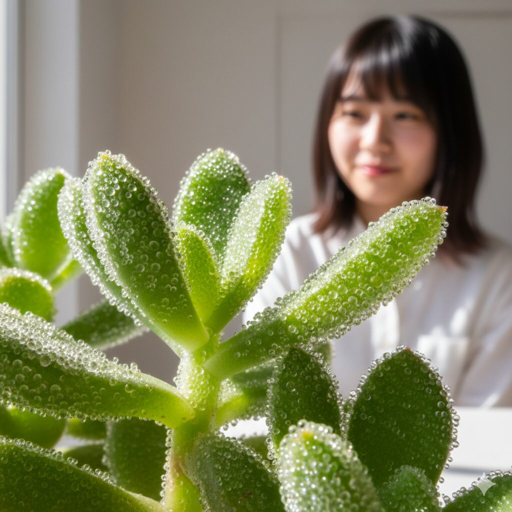 ガザニアに似た花8　リビングストンデージーの葉の表面にある塩嚢細胞が、太陽光を浴びて宝石のようにキラキラと輝いているマクロ写真。