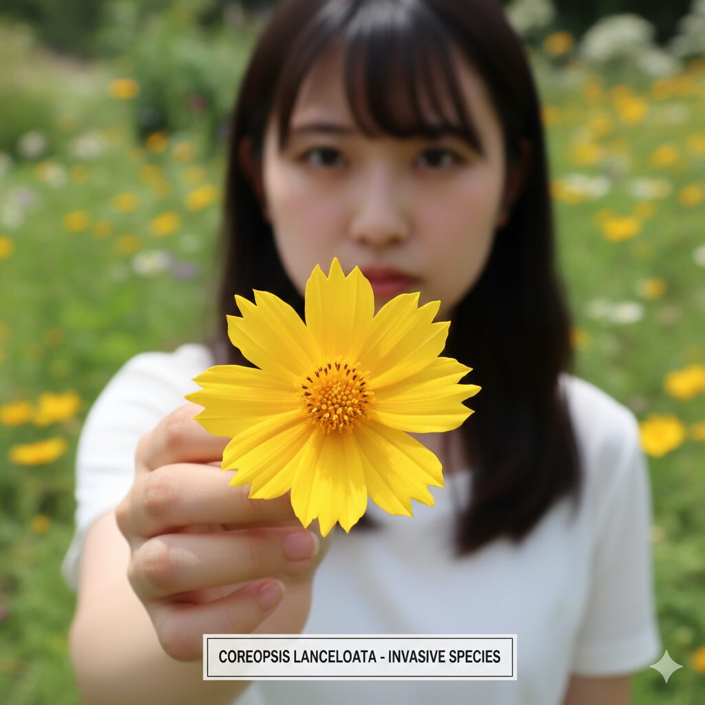 ガザニアに似た花9　特定外来生物オオキンケイギクの花のクローズアップ。花びらの先端が不規則にギザギザと裂けている特徴を示す識別写真。