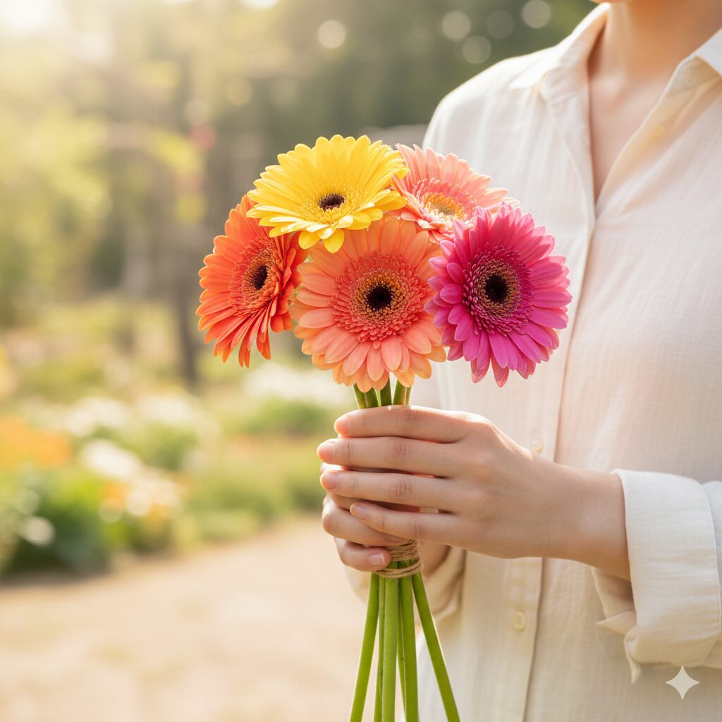 ガーベラ 5本 意味　色鮮やかな5本のガーベラの花束を手に持つ様子。「出会いの喜び」を象徴する明るく温かい雰囲気の写真。
