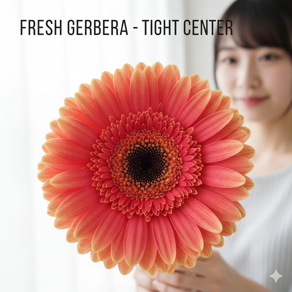 ガーベラ 5本 意味　新鮮なガーベラの花の中心部分（花芯）の接写写真。中心が平らで開いていない状態は鮮度が高い証拠であることを示す目利きのポイント画像。