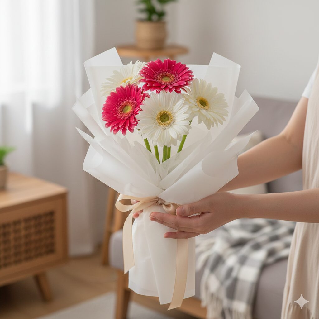 ガーベラ 5本 意味　女性が手に持っている5本のガーベラの花束。贈り物として大きすぎず小さすぎない、ちょうど良いサイズ感が伝わる写真。