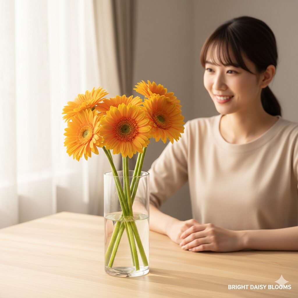 ガーベラ 5本 意味　ガラスの花瓶に飾られた明るい黄色のガーベラ5本。怖い花言葉の噂を払拭するような、温かく安心感のある写真。