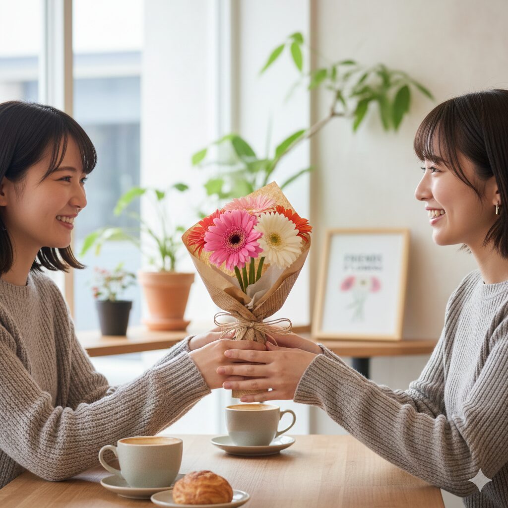 ガーベラ 5本 意味　カフェで友人に5本のガーベラの花束をプレゼントしている笑顔のシーン。気軽な贈り物としての利用イメージ。