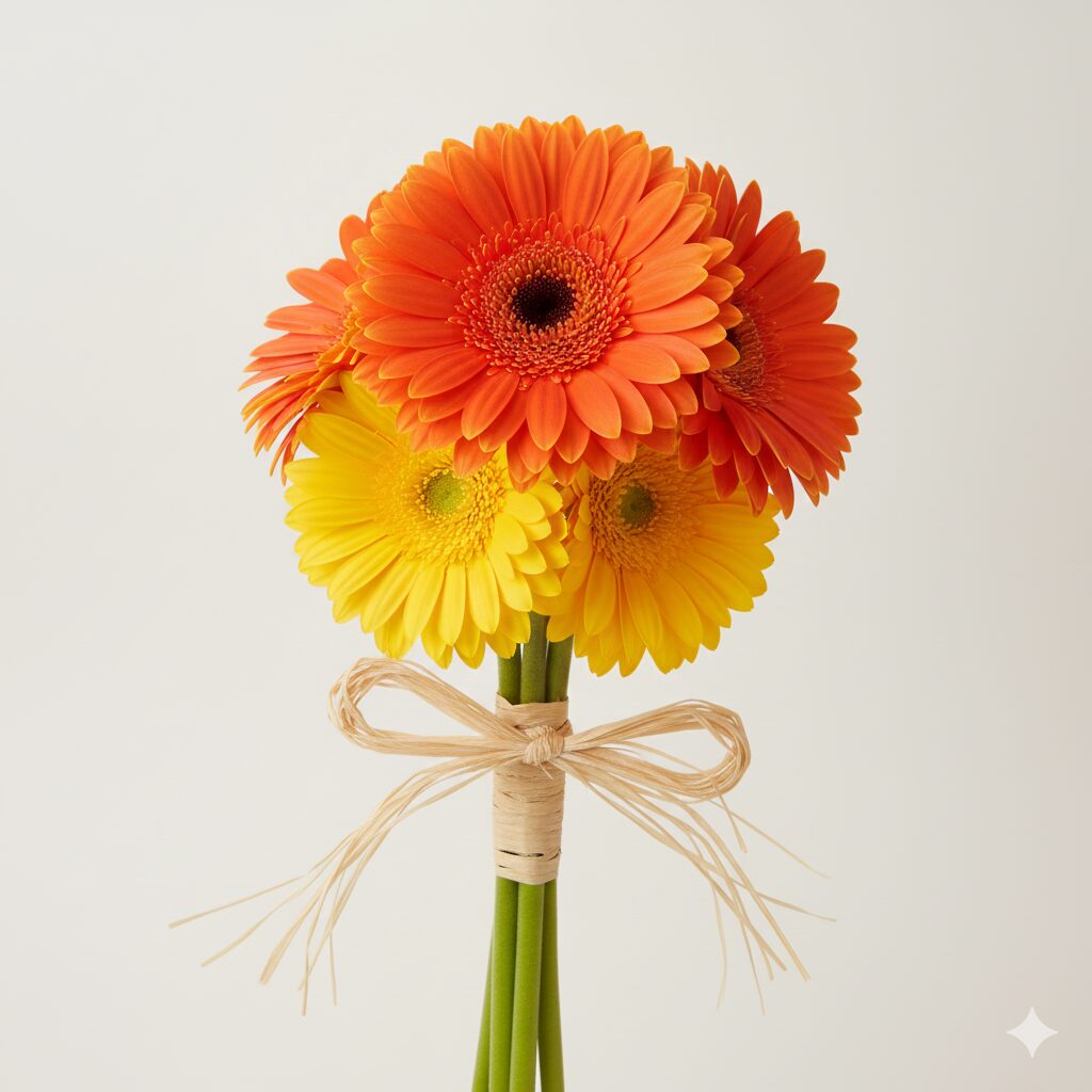 ガーベラ 5本 意味　オレンジ3本と黄色2本を組み合わせた「ビタミン・ミックス」のガーベラ5本花束。元気で明るい印象を与えるカラーコーディネートの実例写真。
