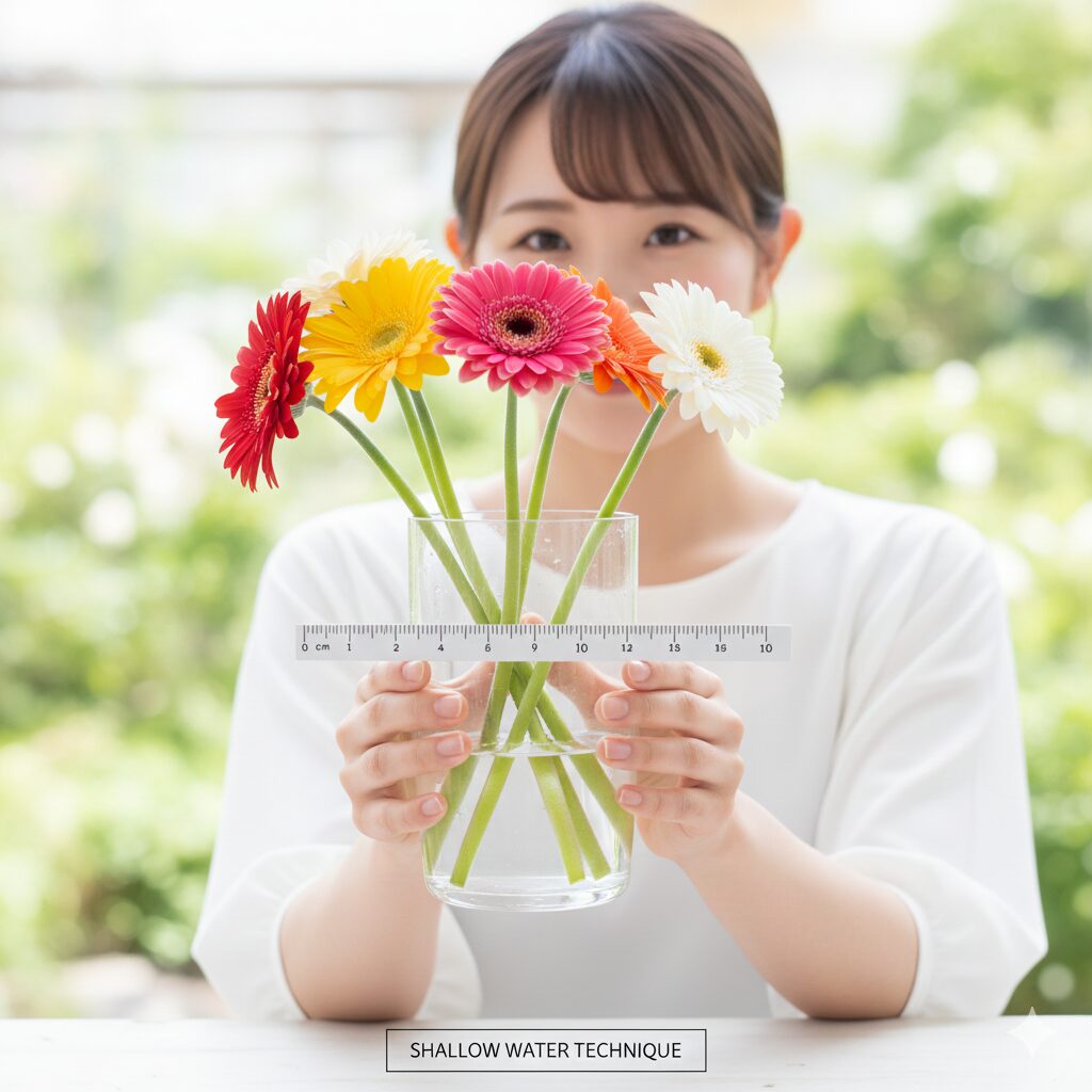 ガーベラ 5本 意味　透明な花瓶の底にわずか2〜3cmの水が入っている様子を示すクローズアップ写真。ガーベラを長持ちさせる「浅水」による管理方法の実践例。
