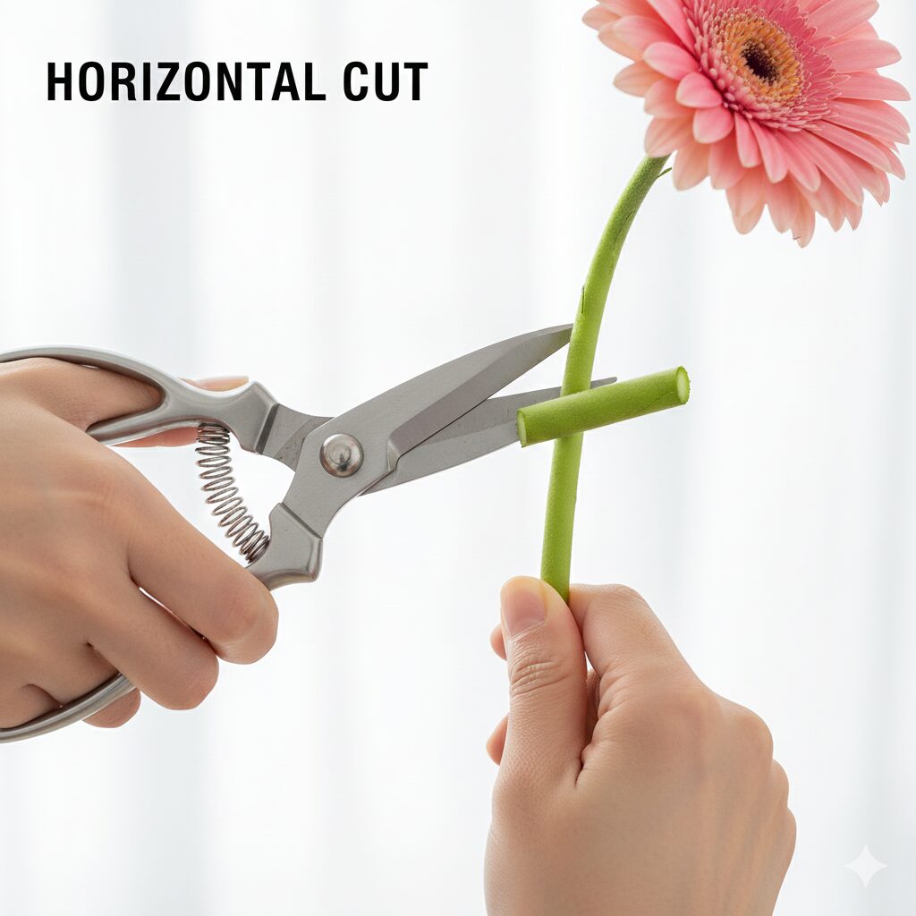 ガーベラ 5本 意味　ガーベラの茎をハサミで水平にまっすぐカットしている手元のクローズアップ写真。導管を潰さずに水揚げを良くするための正しい切り方を解説する画像。