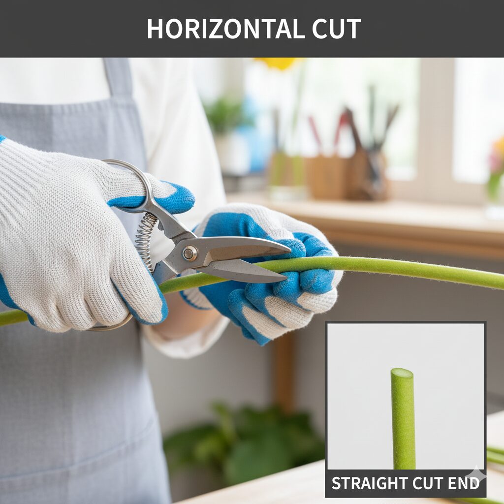 ガーベラ 何月　水を吸いすぎず腐りにくくするために水平にカットしたガーベラの茎の切り口