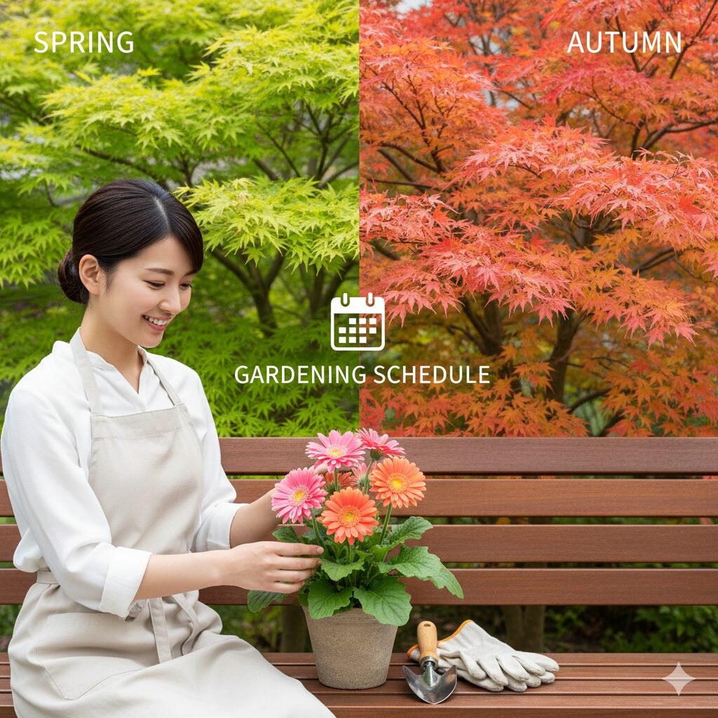 ガーベラ 何月　ガーベラの年間栽培カレンダーをイメージした春と秋のガーデニング風景