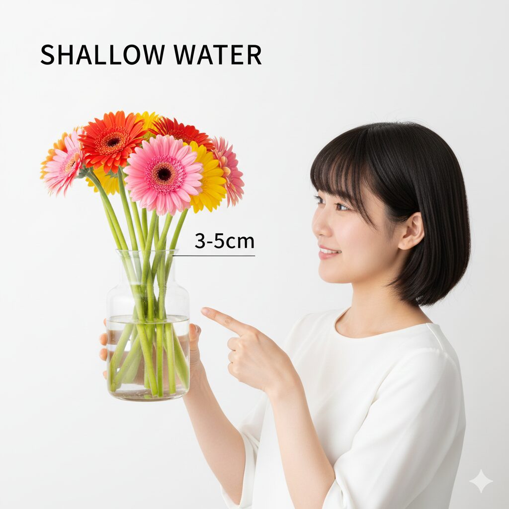 ガーベラ 白花言葉　ガーベラを長持ちさせるための浅水（3cm〜5cm）の水揚げ方法を示す断面図