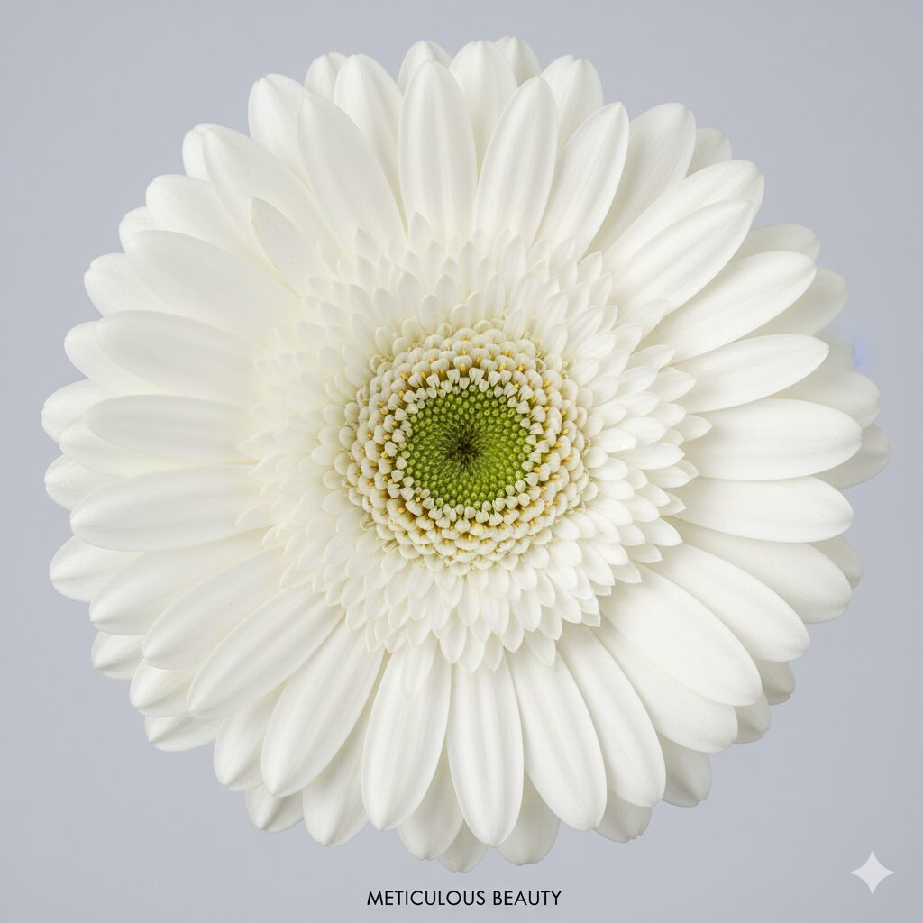 ガーベラ 白花言葉　幾何学的に整列した花びらが律儀という花言葉の由来となった白いガーベラのアップ