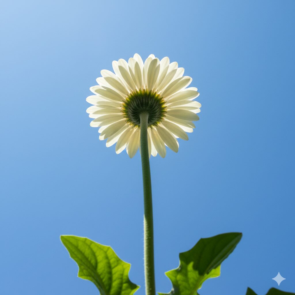 ガーベラ 白花言葉　青空の下で太陽に向かって咲く希望を象徴する白いガーベラ