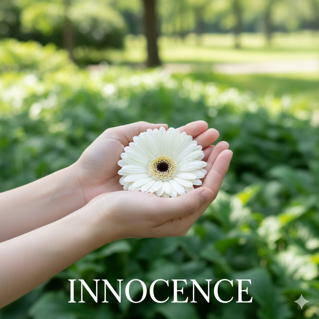 ガーベラ 白花言葉　英語の花言葉で純真や無垢を意味する白いガーベラを持つ子供の手