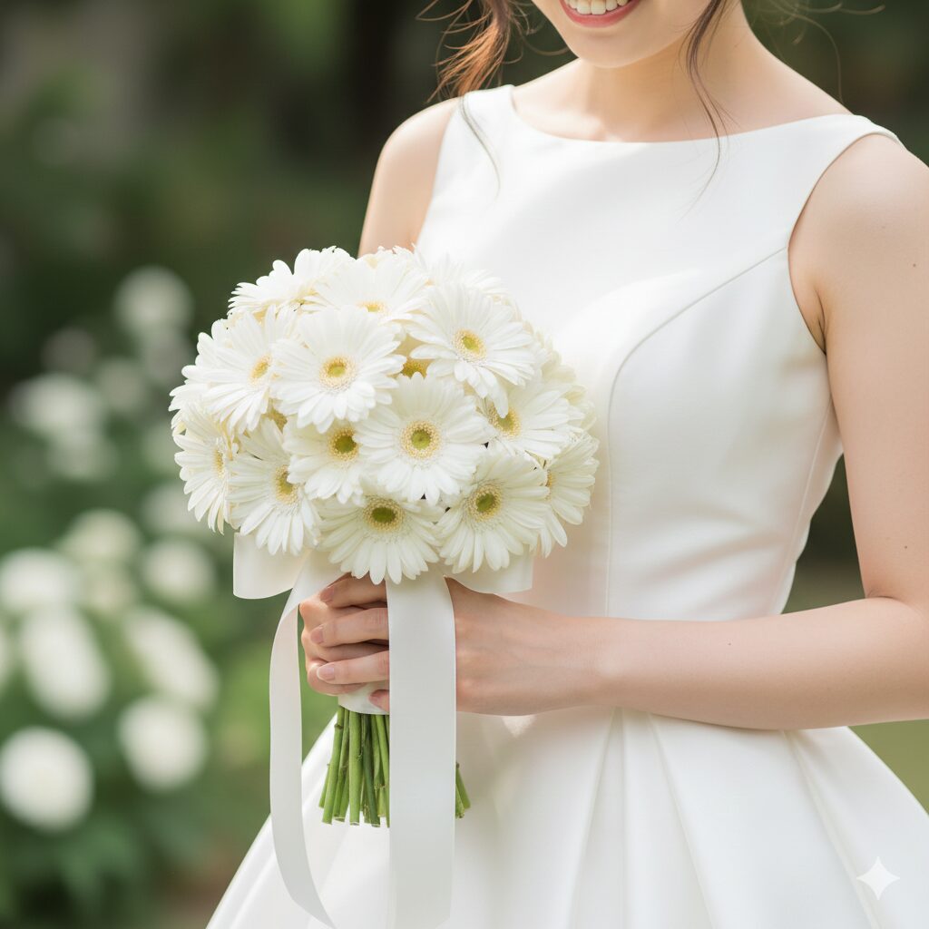 ガーベラ 白花言葉　結婚式の花嫁に人気がある白いガーベラのラウンドブーケ