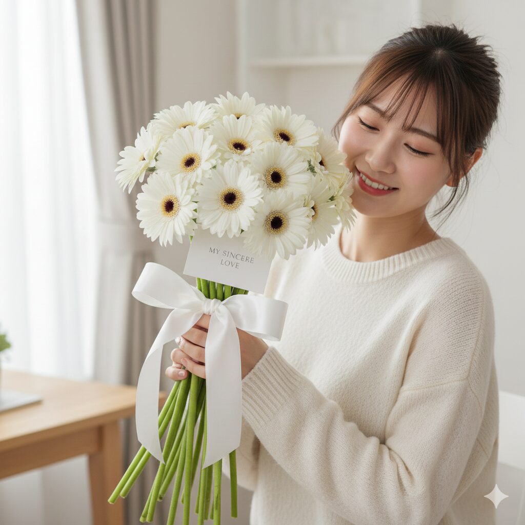 ガーベラ 白花言葉　プロポーズや愛の告白に最適な12本の白いガーベラの花束（ダズンフラワー）