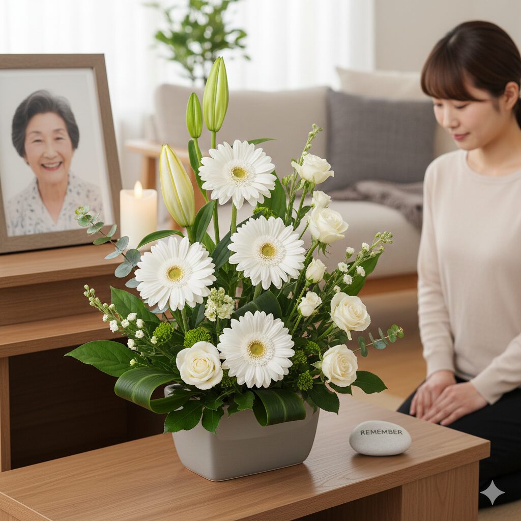 ガーベラ 白花言葉　故人を偲ぶ枕花や供花として飾られたモダンな白いガーベラのアレンジメント