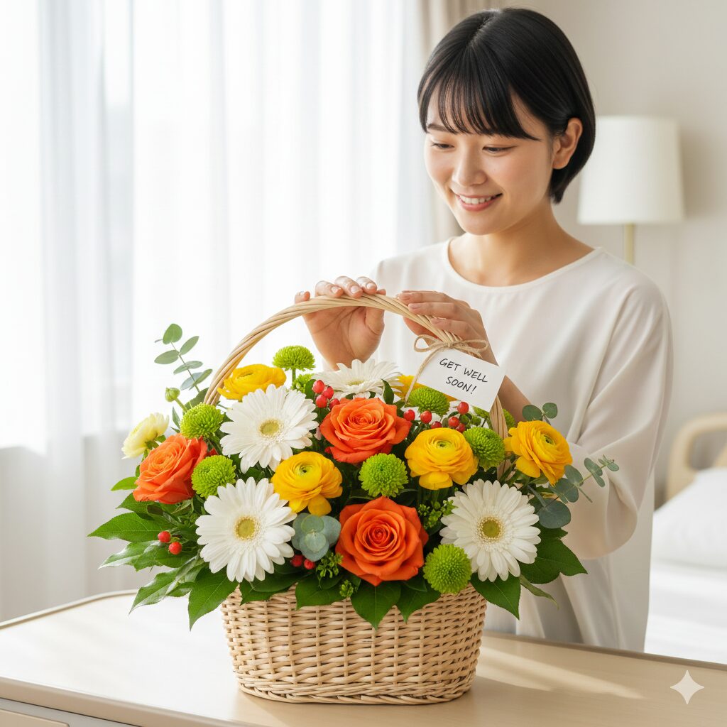 ガーベラ 白花言葉　お見舞いに適した白とビタミンカラーの明るいガーベラのアレンジメント