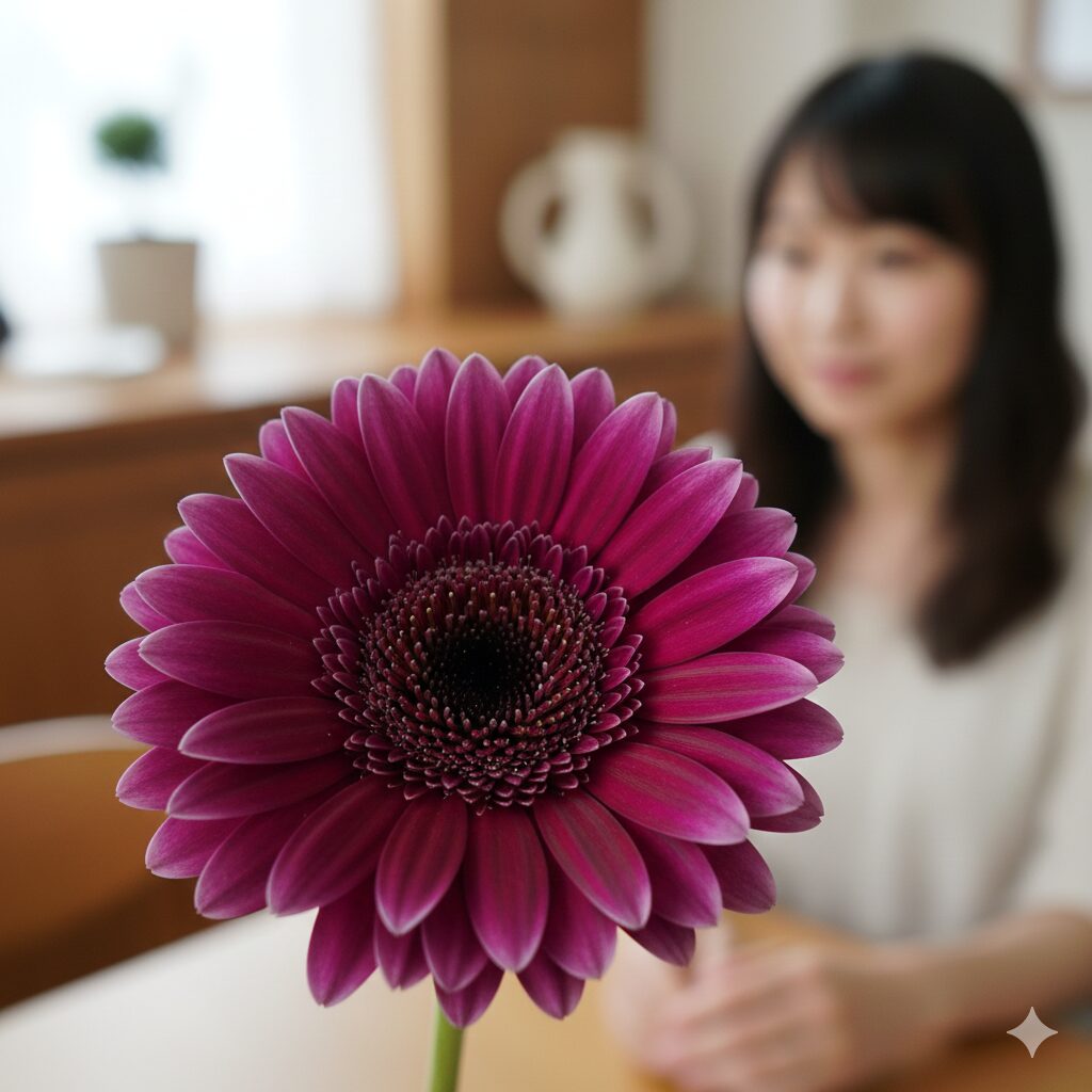 ガーベラ 紫 花言葉　気品あふれる深紫色のガーベラの花。怖い意味はなく高貴な花言葉を持つことを象徴する美しい佇まい。