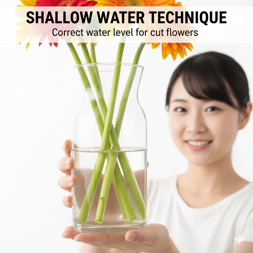 ガーベラ 紫 花言葉　ガーベラを長持ちさせるための「浅水」管理の様子。茎の先が2〜3cmだけ水に浸かっている状態。