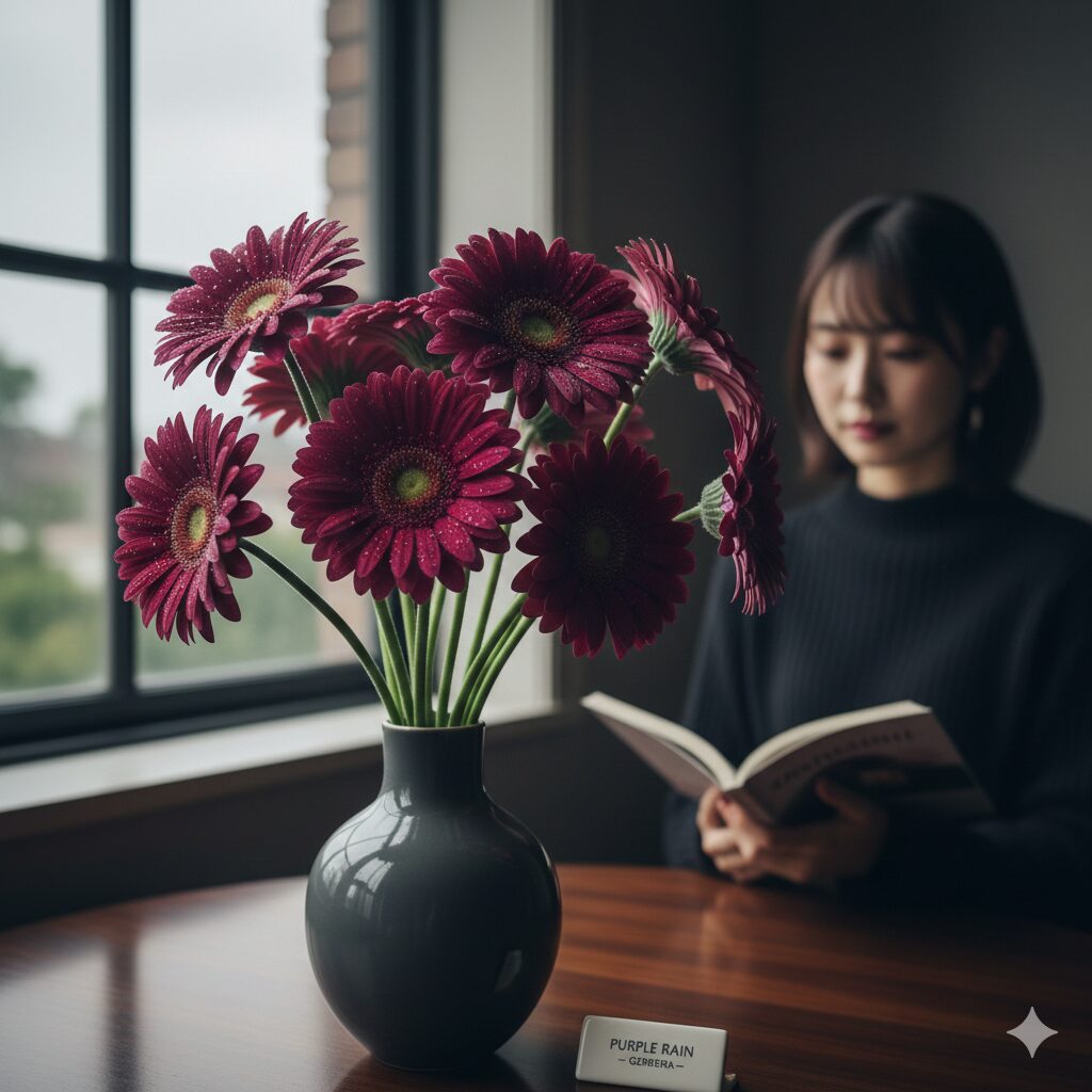 ガーベラ 紫 花言葉　深みのある赤紫色が特徴のガーベラ品種「パープルレイン」。落ち着いた大人の魅力を持つ美しい花。