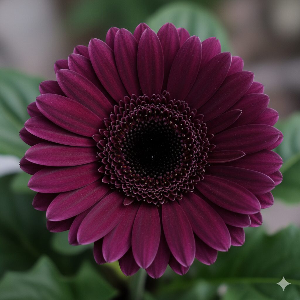 ガーベラ 紫 花言葉　花の中心が黒い「芯黒（ブラックセンター）」の紫ガーベラ。モダンでかっこいい印象を与える。