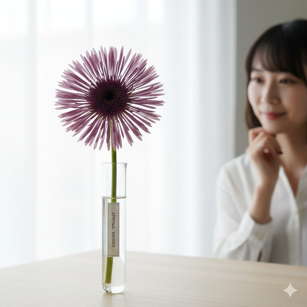 ガーベラ 紫 花言葉　針のような花弁が特徴的なスパイダー咲きの紫ガーベラ。独創的でアートのような存在感がある。