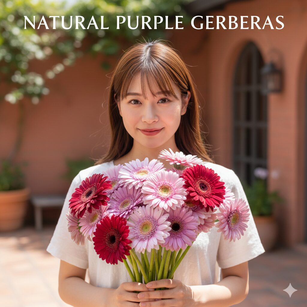 ガーベラ 紫 花言葉　赤みを含んだ自然な色合いの紫ガーベラの花束。ナチュラルで優しい風合いが魅力の自然品種。