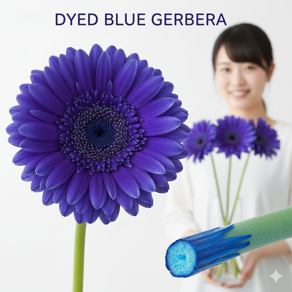 ガーベラ 紫 花言葉　染料を吸い上げて着色された鮮やかな青紫色の染めガーベラ。自然界にはないインパクトのある発色が特徴。