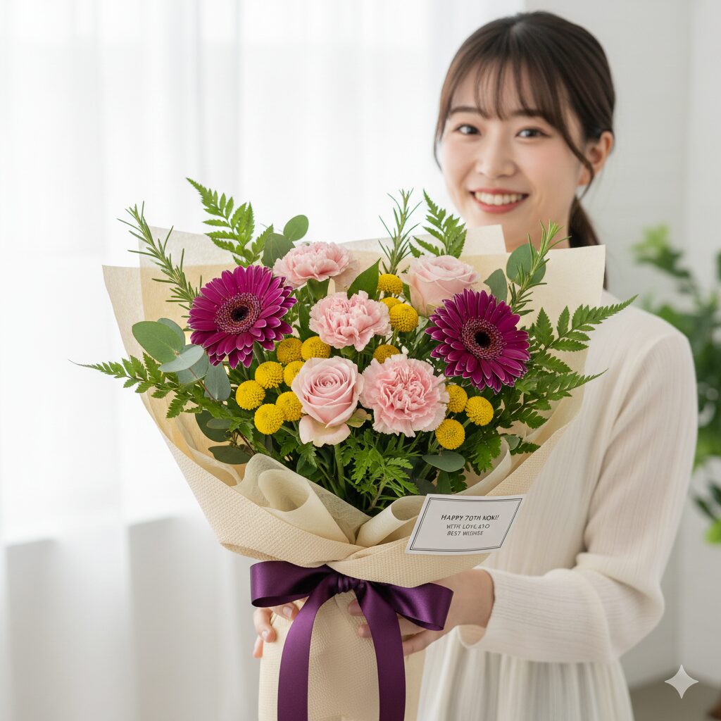 ガーベラ 紫 花言葉　古希祝い（70歳）の贈り物としてアレンジされた、紫のガーベラがメインのスタイリッシュな花束。