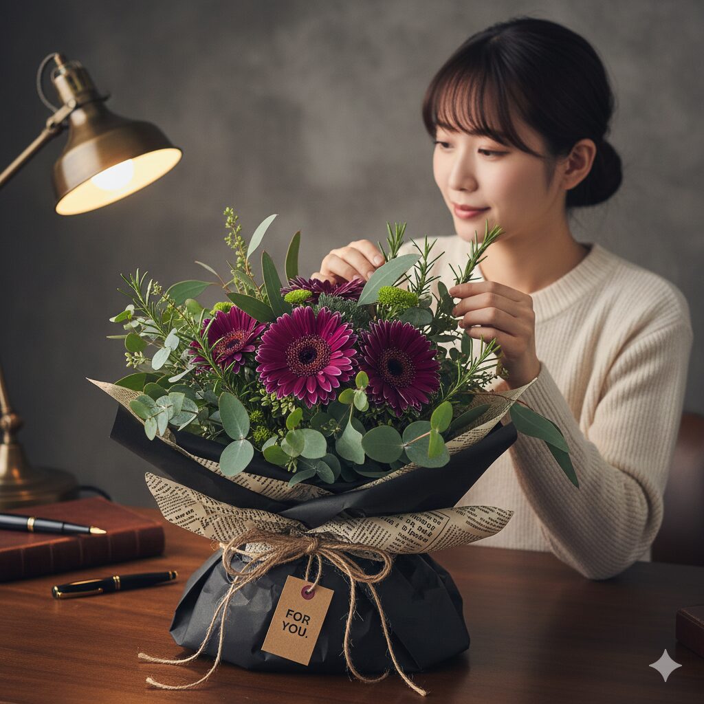 ガーベラ 紫 花言葉　男性へのプレゼントに最適な、濃い紫のガーベラと多めのグリーンを使ったシックで辛口なアレンジメント。