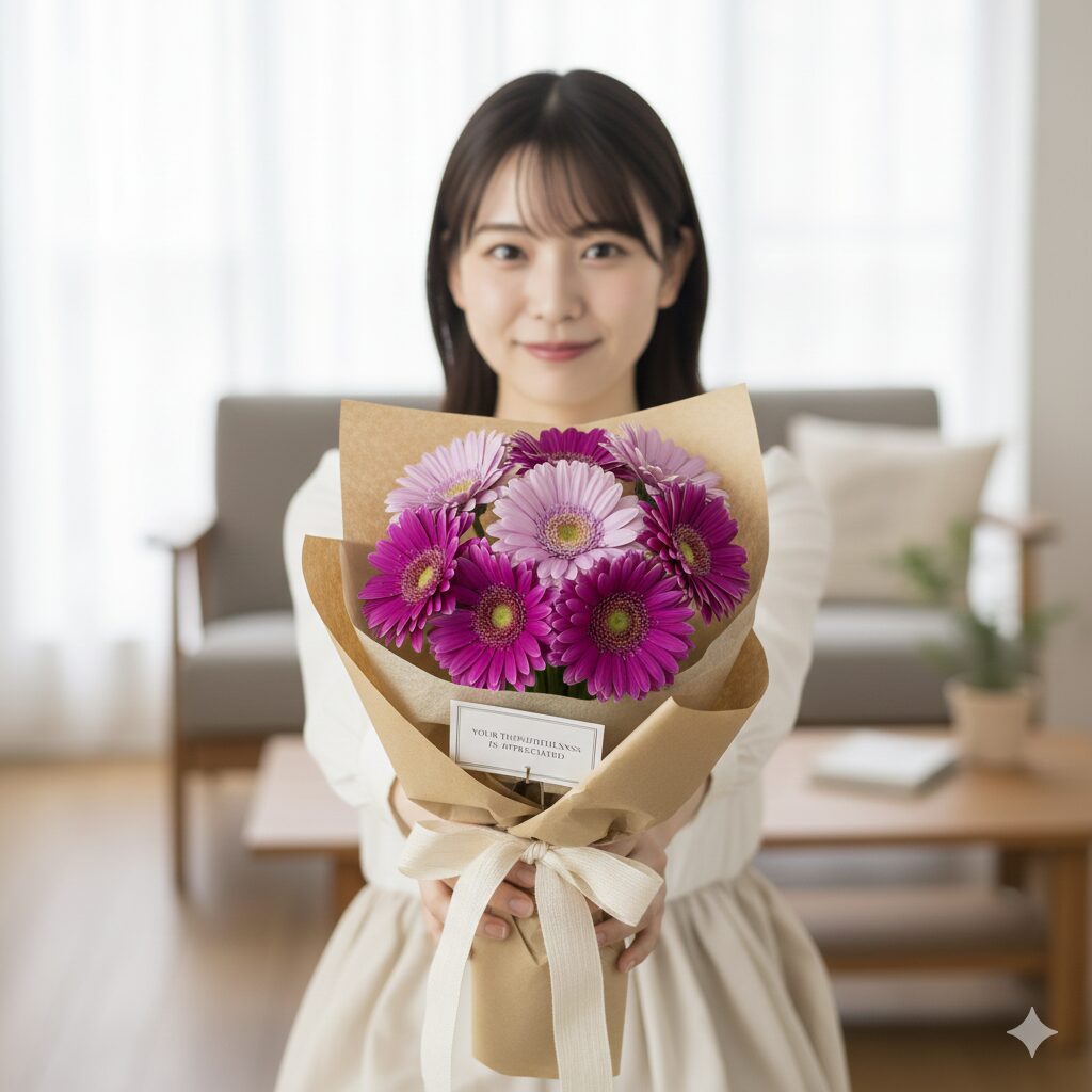 ガーベラ 紫 花言葉　「感謝」の花言葉を持つ8本の紫ガーベラの花束。大切な人への贈り物に最適。