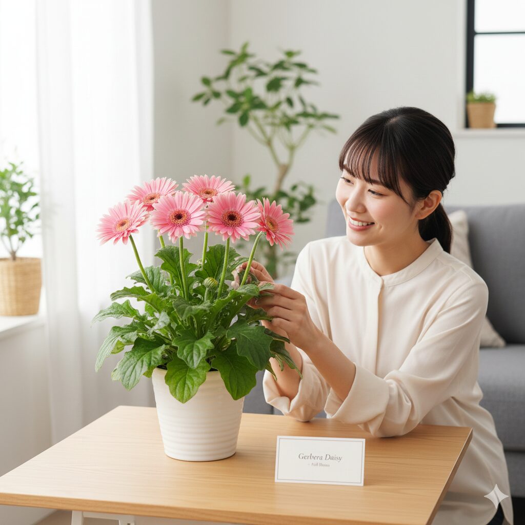 ガーベラ 鉢植え 寿命　　リビングの日当たりの良い場所に置かれた健康的で満開のガーベラの鉢植え