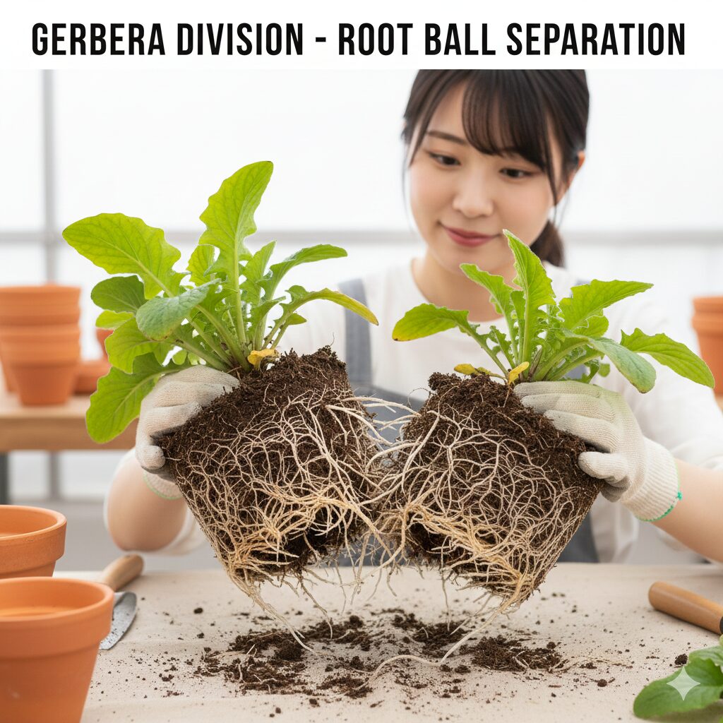 ガーベラ 鉢植え 寿命　鉢植えガーベラの株分け作業：大きくなった株の根を分割して更新する手順